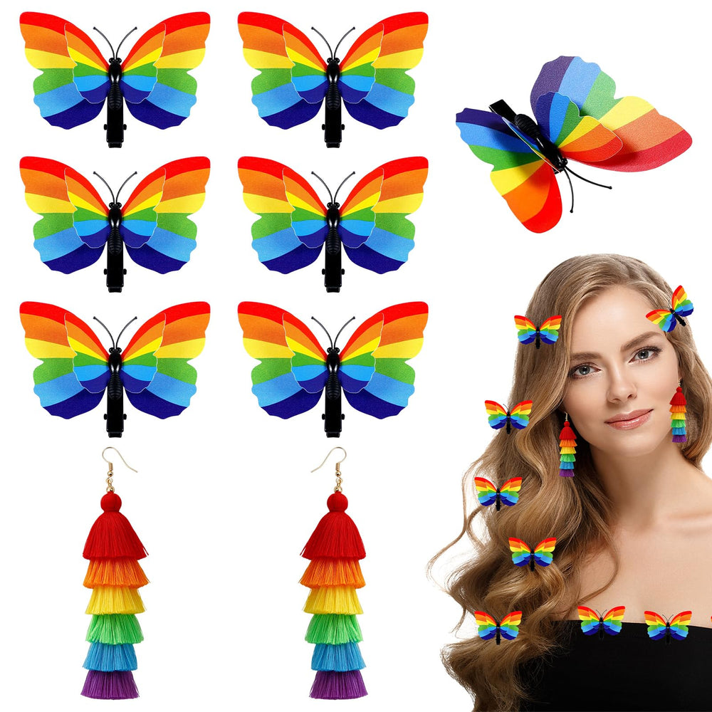 Fantasyon front view of rainbow butterfly clips and tassel earrings showing colorful set