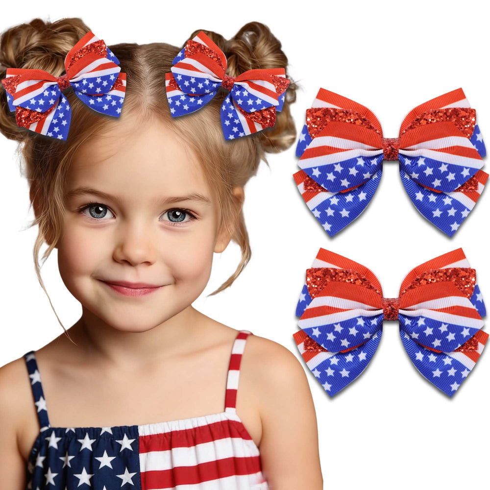 FARSYOD front view of patriotic bow set showing red white blue design and sparkle benefit