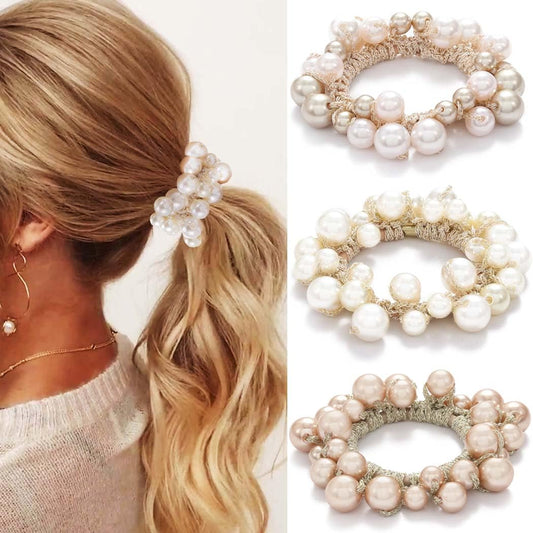 Fashey pearl scrunchies front view showing three-color pack and elegant finish