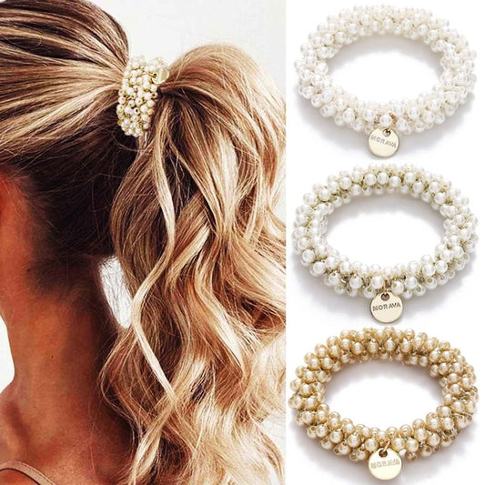 Fashey pearl scrunchie front view showing elegant look and secure hold