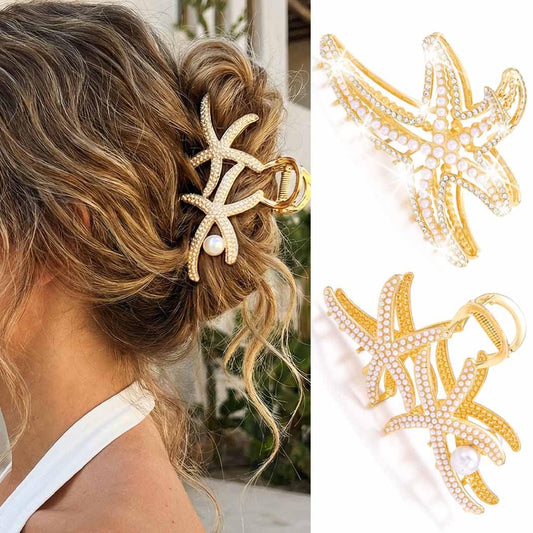 Fashey gold starfish clip front view showing elegant design and hold
