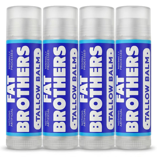 Fat Brothers front view of four unscented tallow lip balm tins showing packaging and convenience