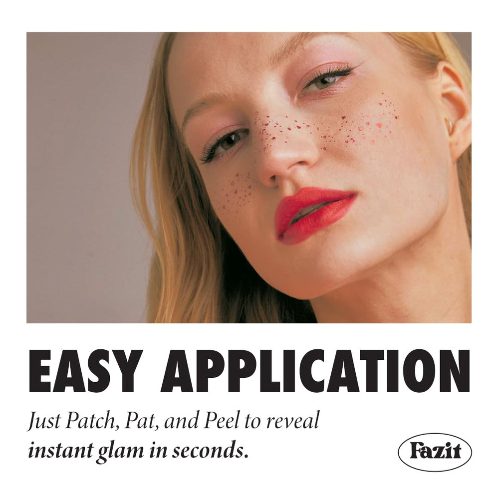 Fazit patch applied on cheek demonstrating instant sparkle and comfortable wear