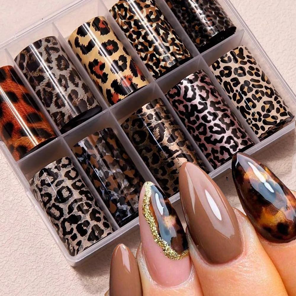 FBABFBUO front packaging showing 10PCS leopard snake foil stickers and variety