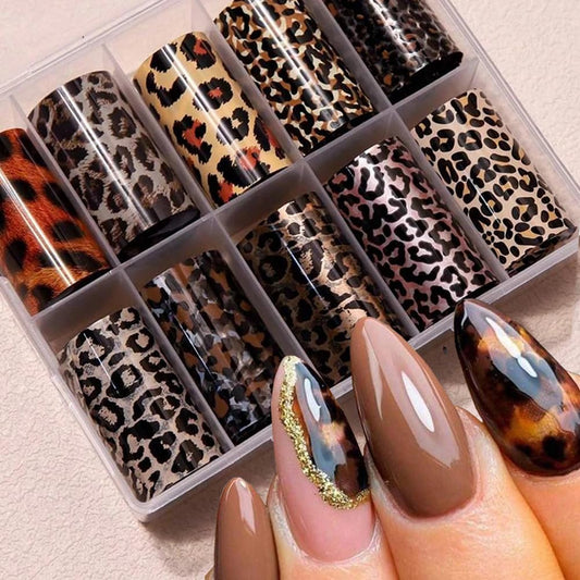 FBABFBUO front packaging showing 10PCS leopard snake foil stickers and variety