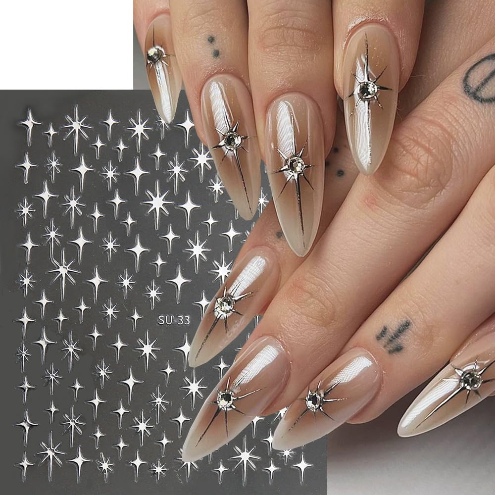 FBABFBUO metallic star decal on nail tip, adds instant shimmer