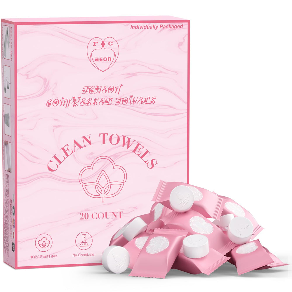 FCaeon front packaging showing 100-count pink compressed towel tablets and benefits