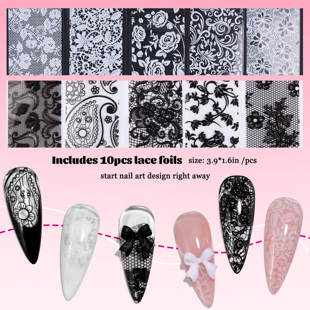 Fcozpjk finished manicure with lace foil accents offering elegant look