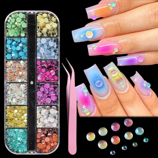 Fcozpjk front box open showing mixed aurora nail beads and tweezers, easy selection benefit