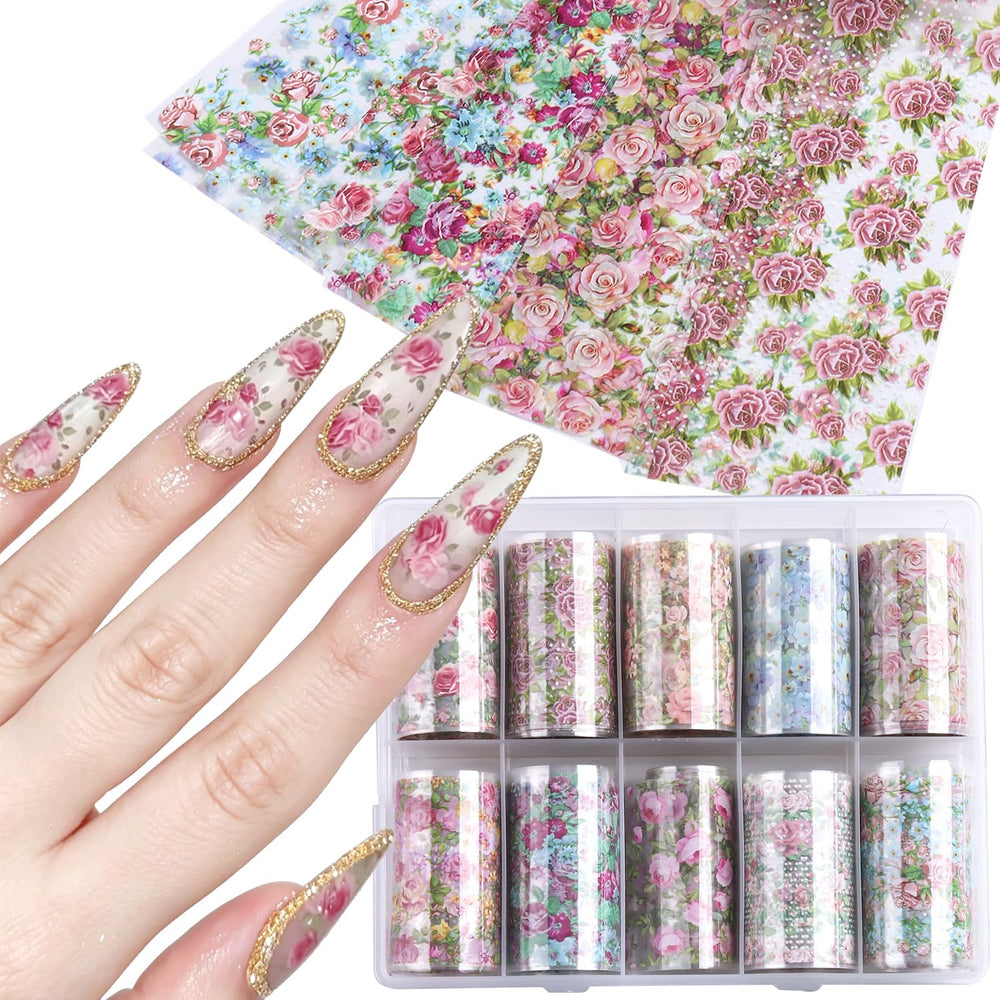 Fcozpjk front packaging showing ten floral foil rolls and variety benefits