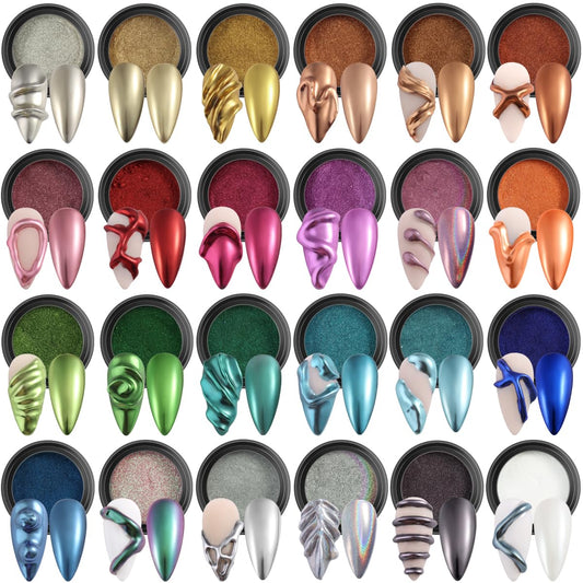 Fcozpjk front packaging showing 24 chrome powders kit and included brushes for variety