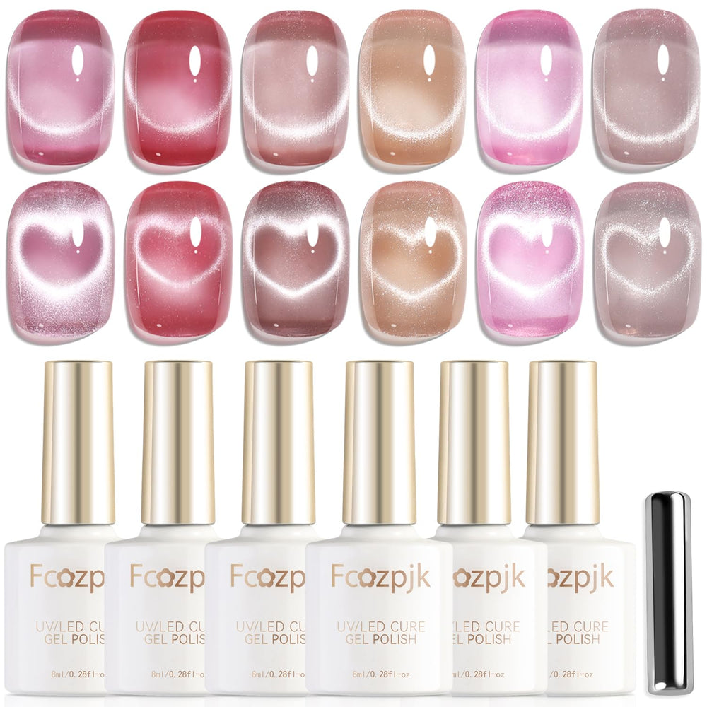 Fcozpjk front packaging showing six cat eye gel bottles and magnet, clear kit overview