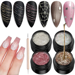 Fcozpjk front packaging showing four reflective spider gel jars and dotting pen, quick setup benefit