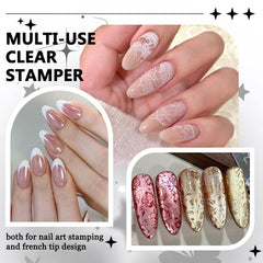 Fcozpjk stamper next to a hand showing scale and fit for different nail widths