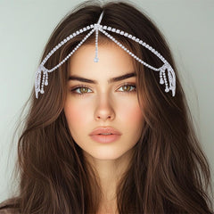 Fdesigner head chain styled on bridal updo showing elegant forehead drape