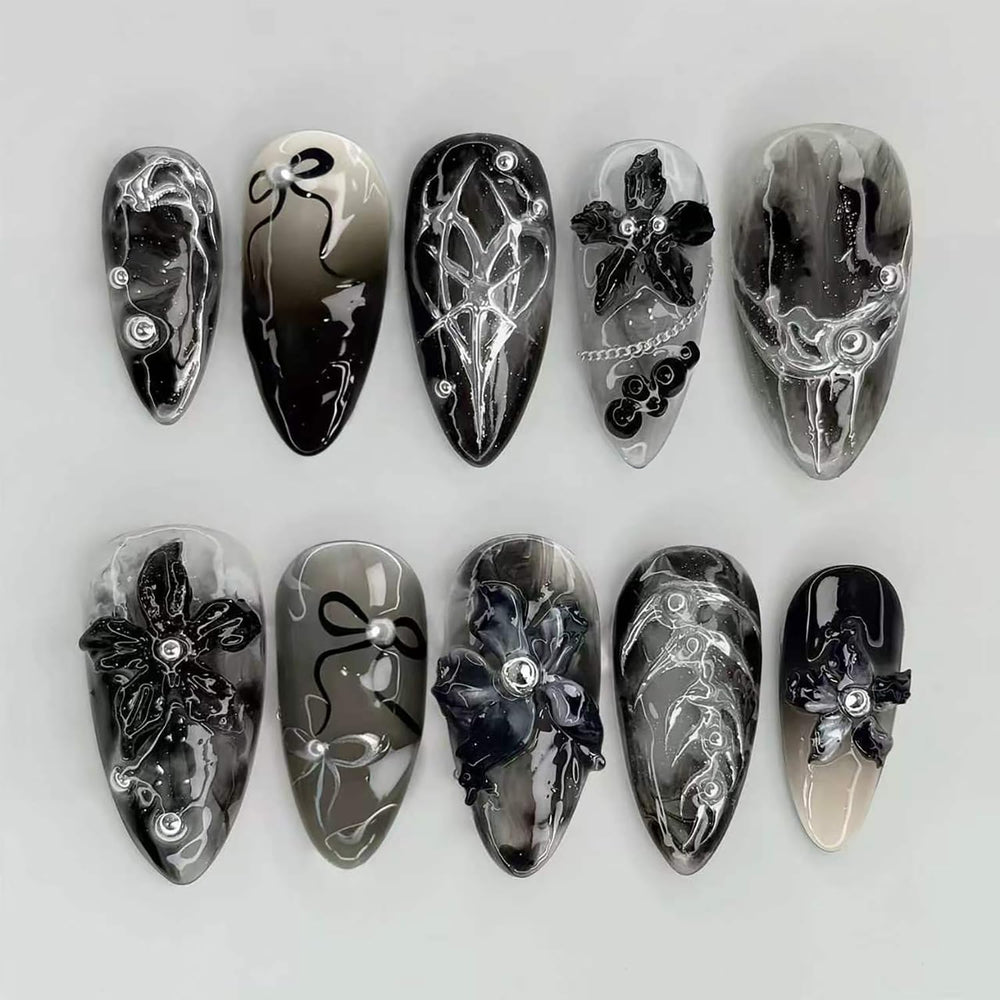 FDSQHSA front packaging showing black floral almond nails and benefits display