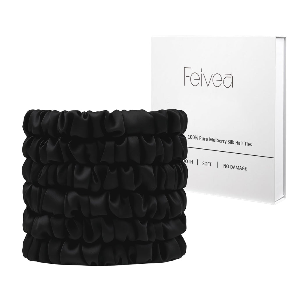 Feivea black silk scrunchies front view showing sleek finish and luxury feel