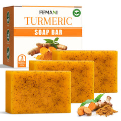 femani front packaging showing three turmeric soap bars, clear product presentation and convenience