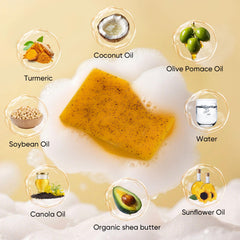 femani soap bar close-up texture showing turmeric grains and smooth surface for gentle exfoliation