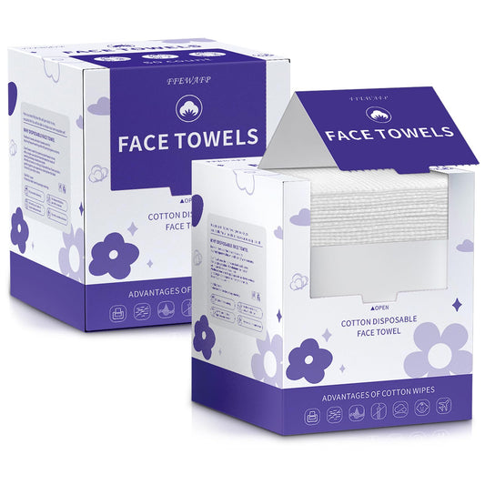 FFEWAFP front packaging showing two boxes of 50 cotton face towels, convenient storage