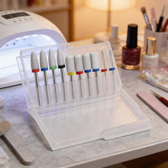 finibir salon table with bits ready showing professional, organized setup