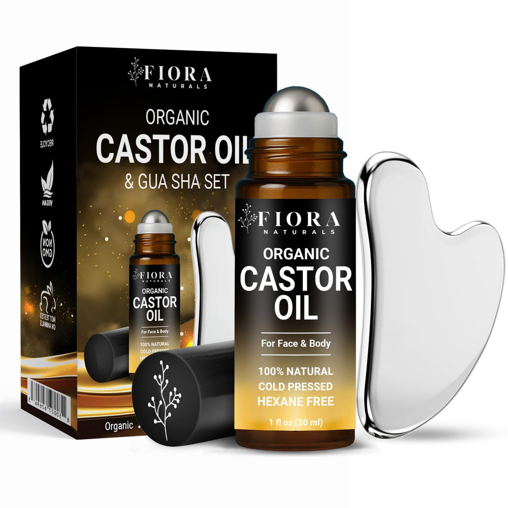 Fiora Naturals front view of gua sha and roll‑on set showing complete kit and benefits
