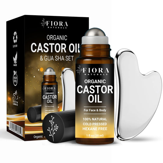 Fiora Naturals front view of gua sha and roll‑on set showing complete kit and benefits