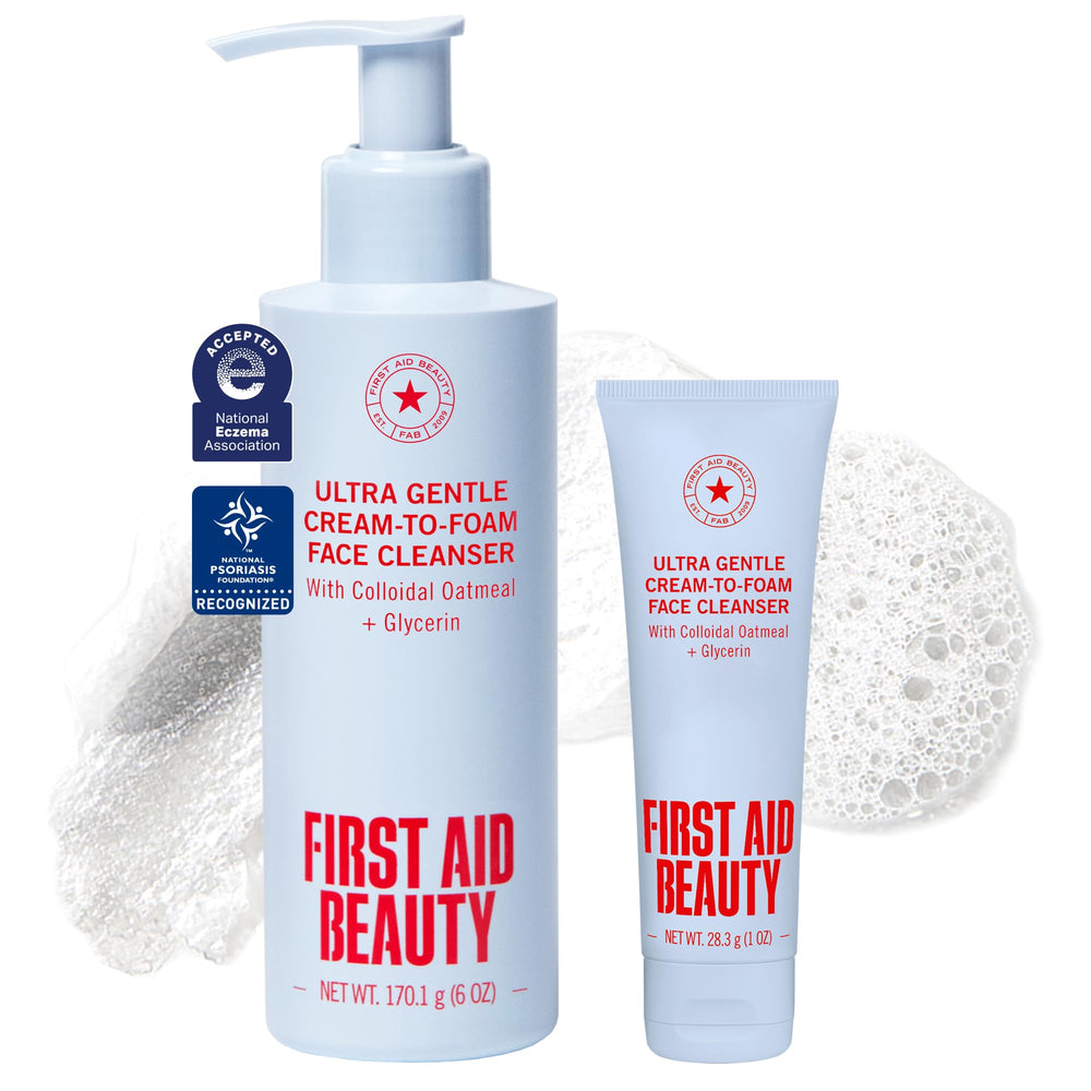 First Aid Beauty front pump bottle shown for easy daily dispensing and hygiene