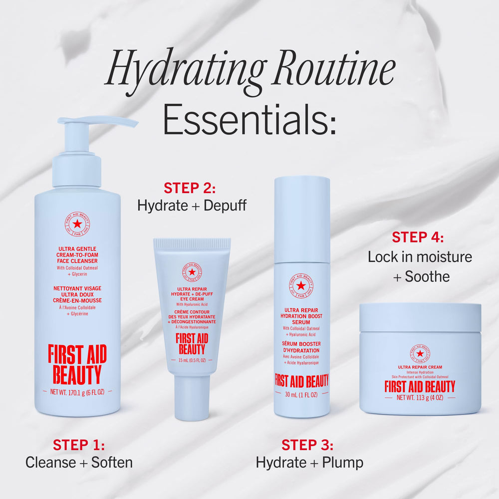 First Aid Beauty serum on bathroom shelf lifestyle image conveying everyday routine ease