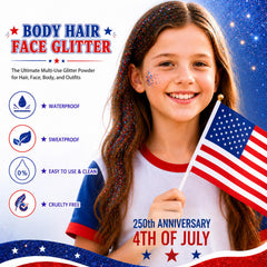 firstfly spraying glitter into hair for quick patriotic highlights and easy application