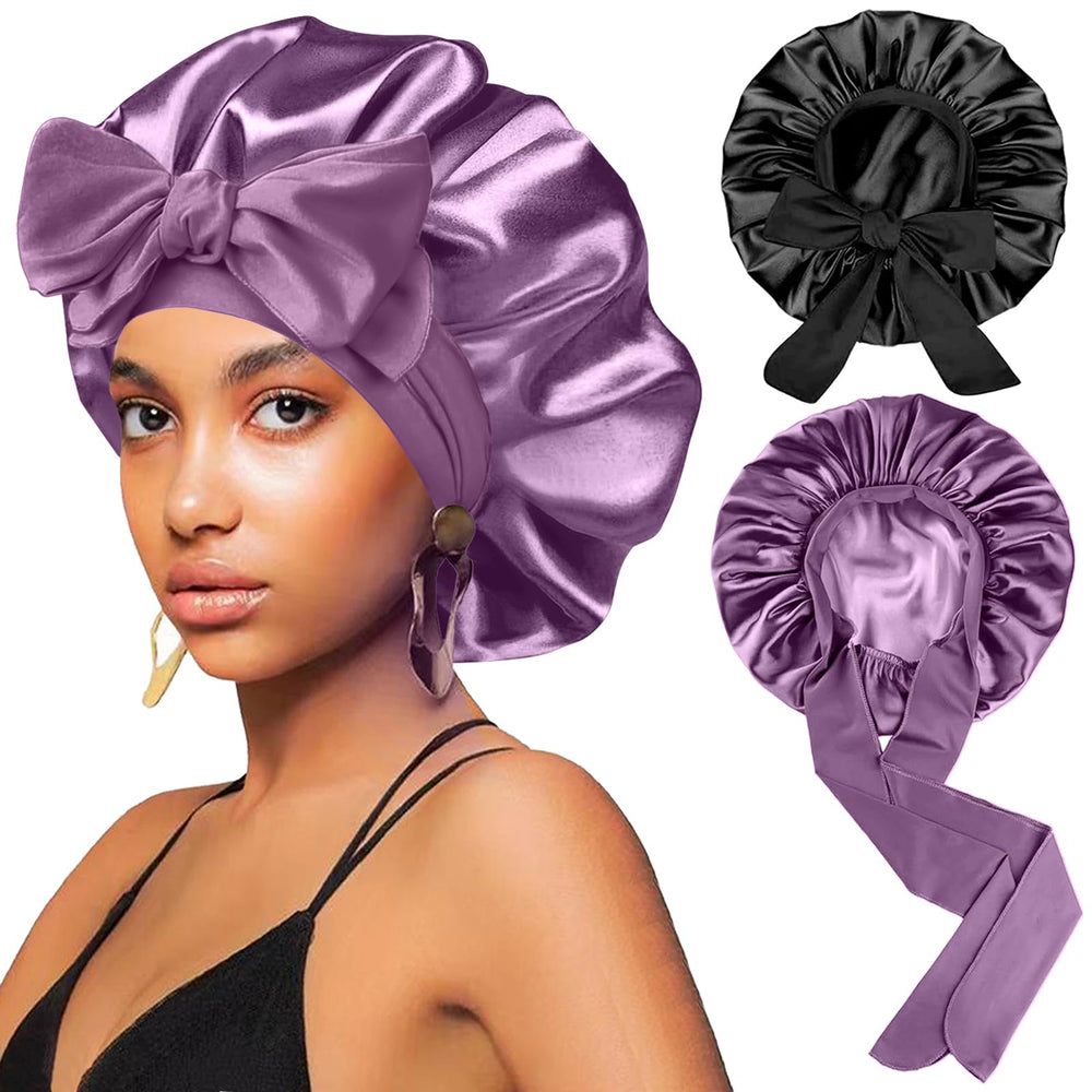FIRSTPELLA front view of black and purple bonnets protecting hairstyles