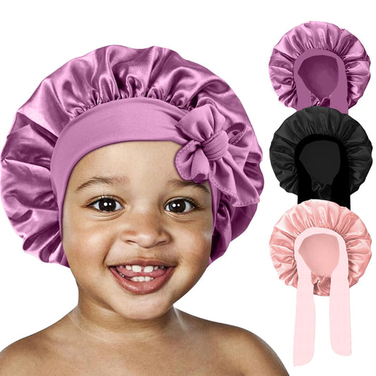FIRSTPELLA front view of kids satin bonnet showing smooth finish and roomy fit