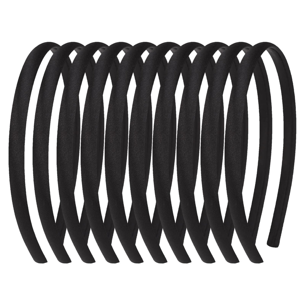 Fishdown front view of ten black headbands showing neat set and storage benefit