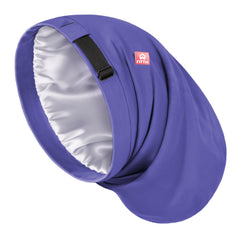 Fittia bonnet front view showing roomy dark blue crown and secure fit benefit