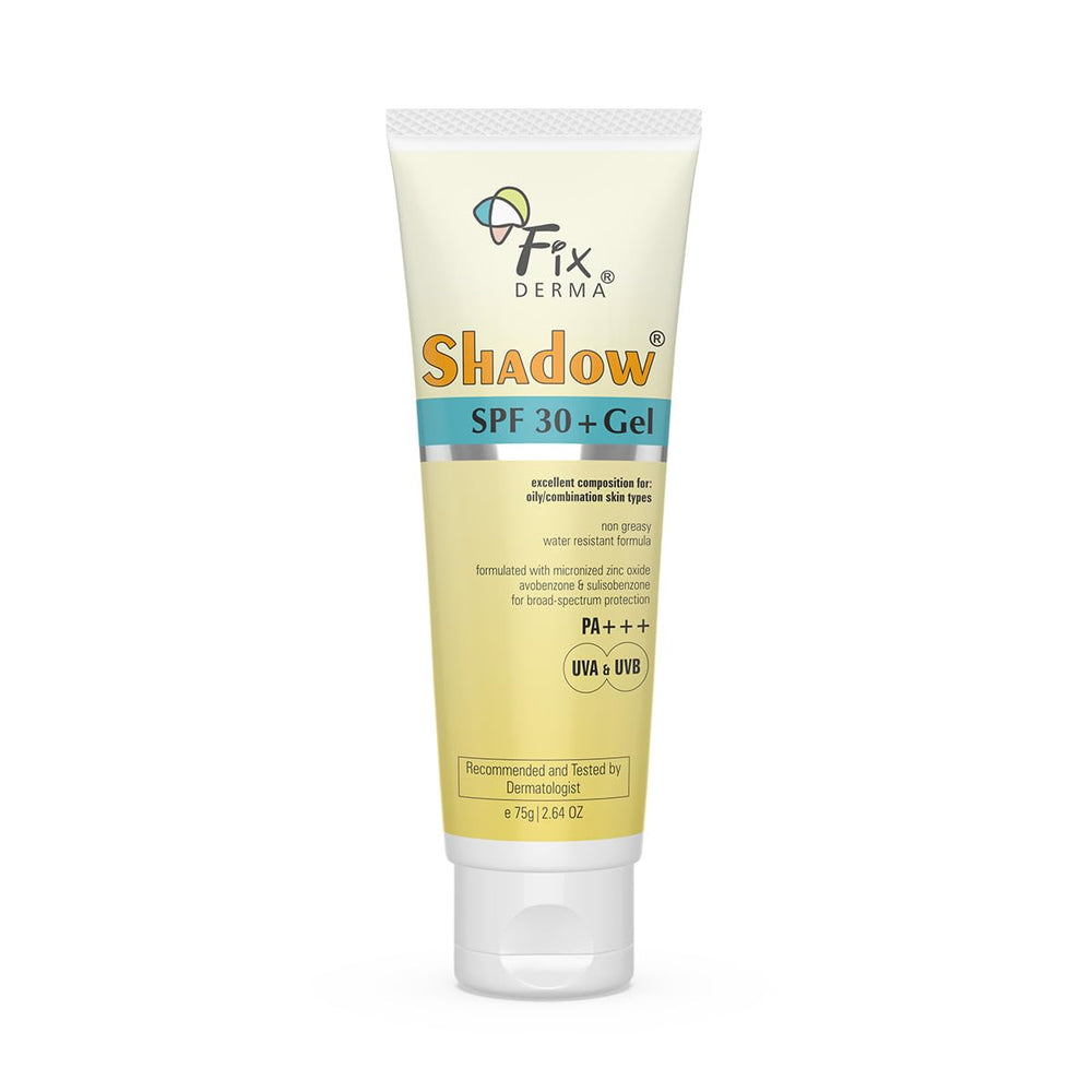 Fixderma Shadow front packaging showing SPF and gel benefit