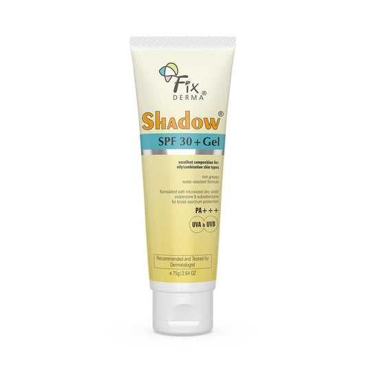 Fixderma Shadow front packaging showing SPF and gel benefit