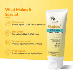 Fixderma Shadow ingredient label with zinc and titanium dioxide listed