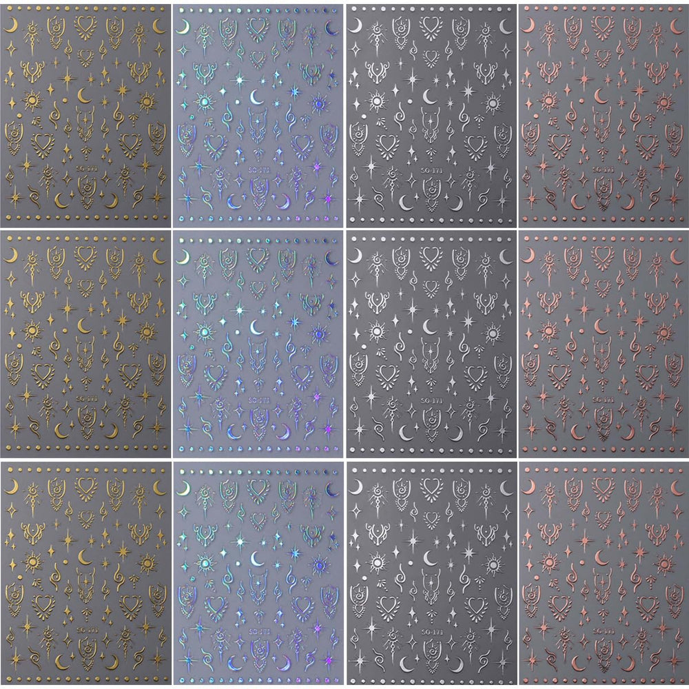 FJSMTOPl close-up of holographic sun star moon decals highlighting shimmer