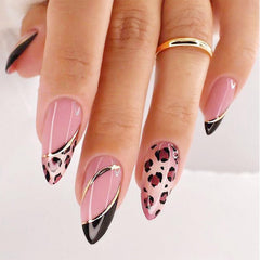 FJSMTOPl front packaging showing almond leopard nails and contents, clear quick styling benefit