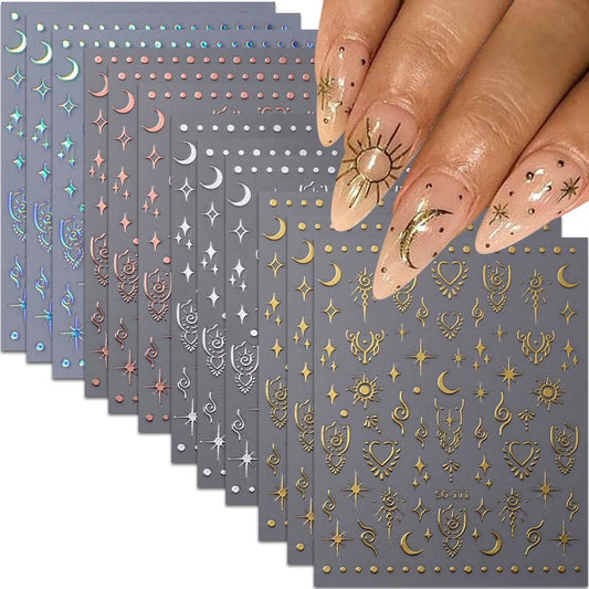 FJSMTOPl front packaging showing 12 metallic nail sticker sheets and variety