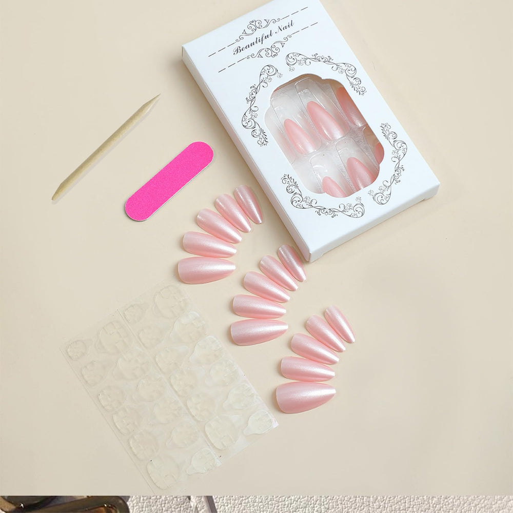 FJSMTOPl hand model wearing almond medium nails showing natural silhouette benefit flattering fit
