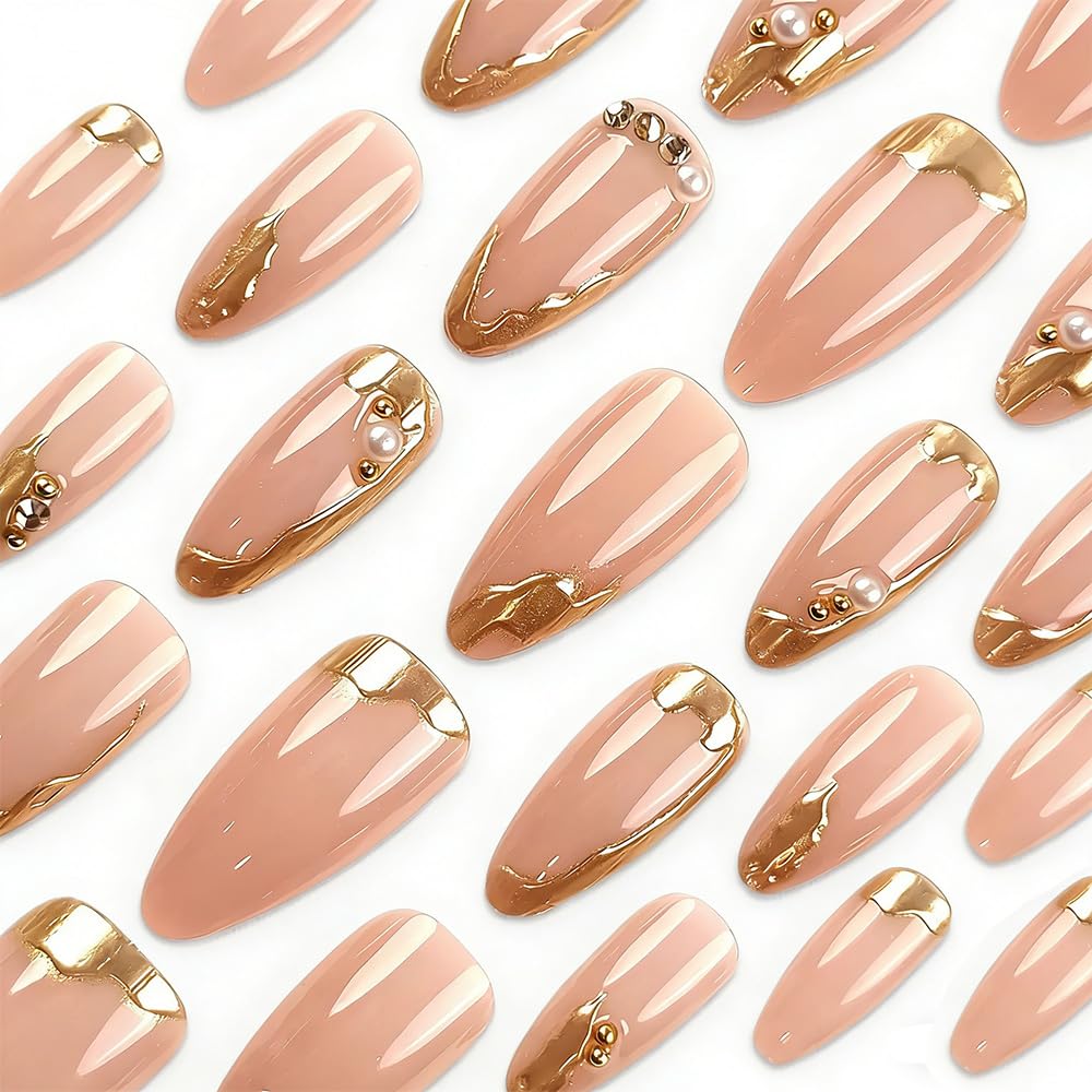 FJSMTOPl nails displayed on a fingertip to show medium almond length and real-world scale