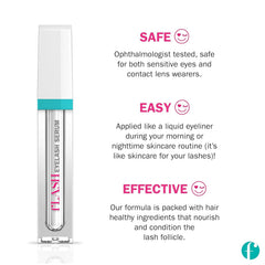 FLASHSERUM clear serum drop on finger showing lightweight texture for comfort