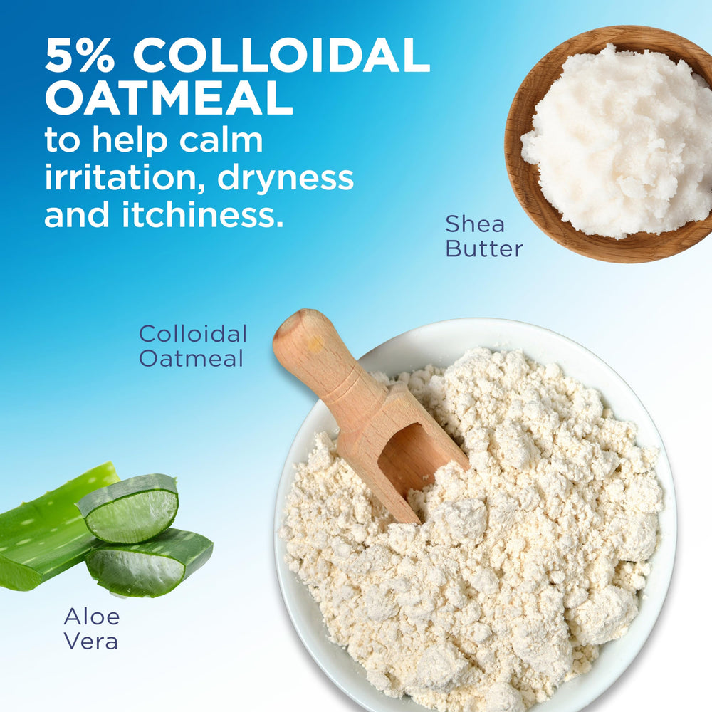 Flexitol ingredient label close-up emphasizing 5% colloidal oatmeal calming formula