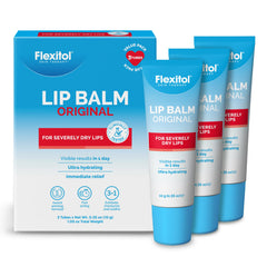 Flexitol lip balm three-pack front view showing packaging and sticks for quick selection