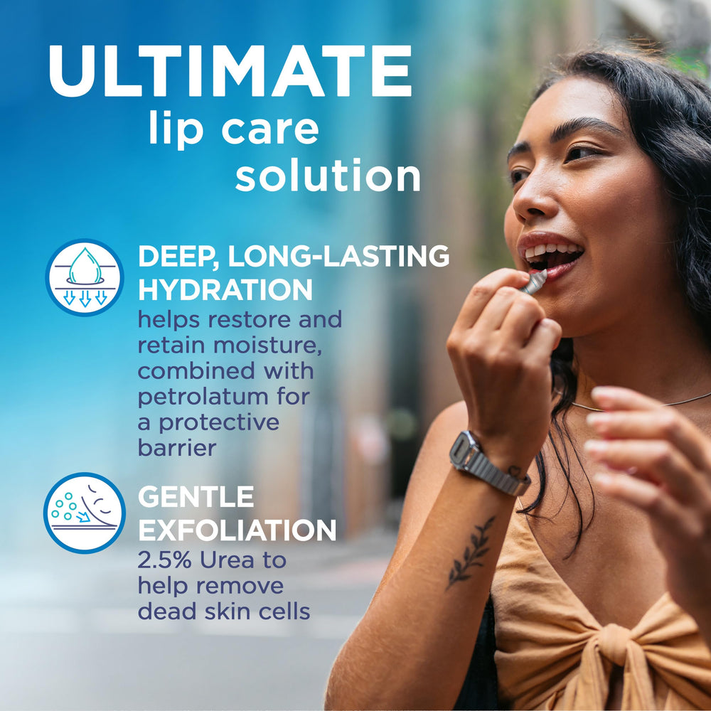 Single closed Flexitol lip balm stick held to show portable, pocket-ready size