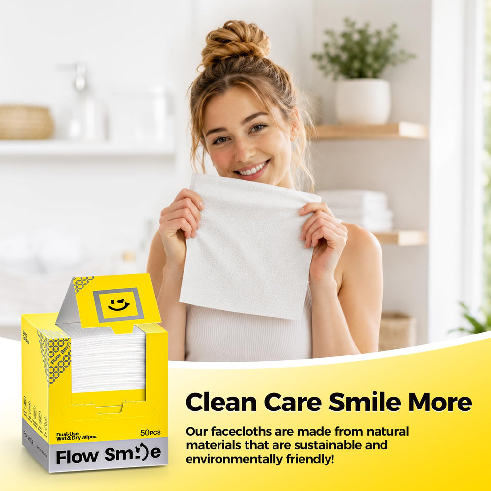 FLOW SMILE box opened displaying neatly stacked wipes and storage benefit