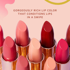 FLOWER BEAUTY Spiced Petal applied on lips closeup showing satin-matte finish and flattering color