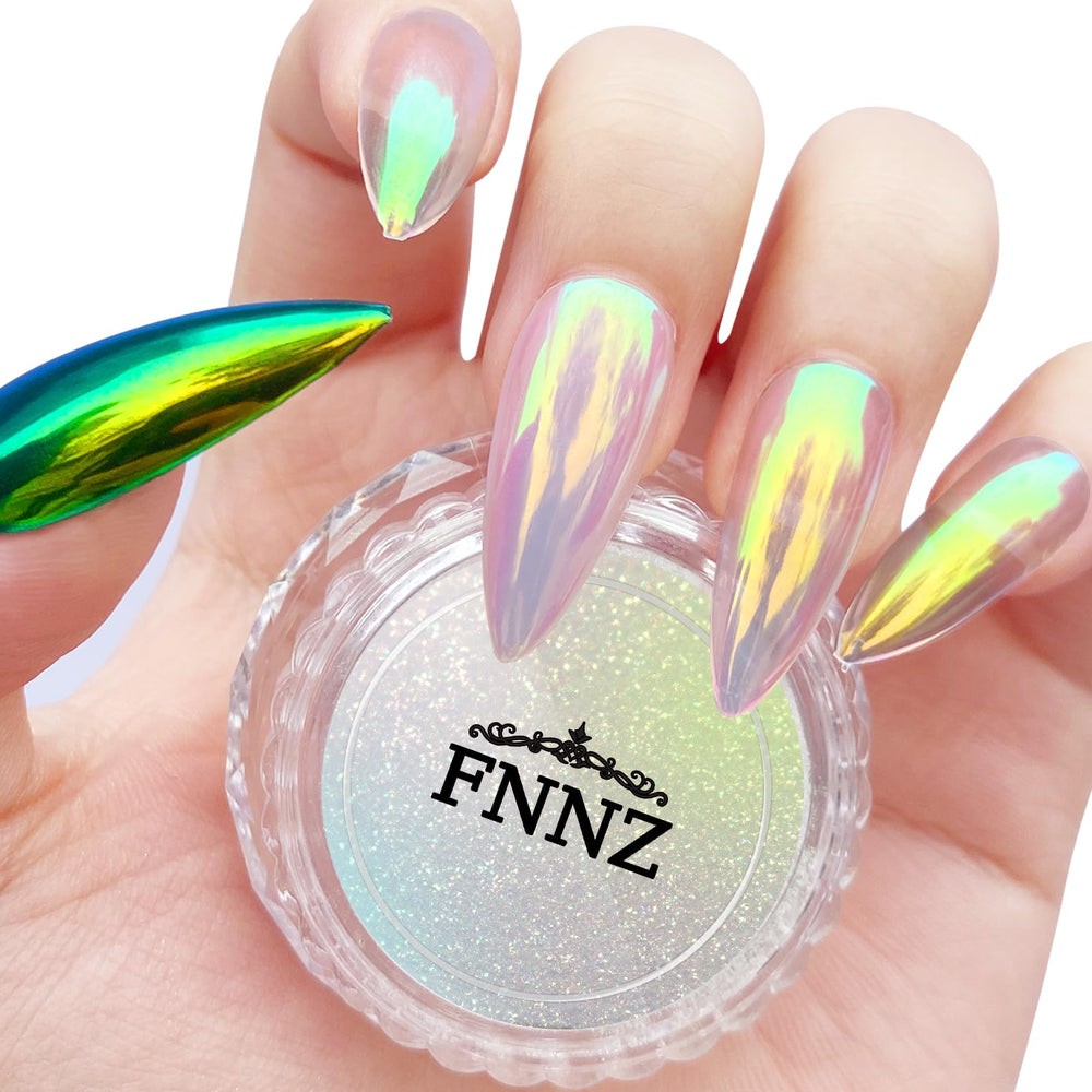 FNNZ jar front showing Aurora Unichrome powder and clear labeling and instant inspiration