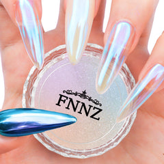FNNZ jar front packaging showing iris dating chrome powder, glossy finish benefit